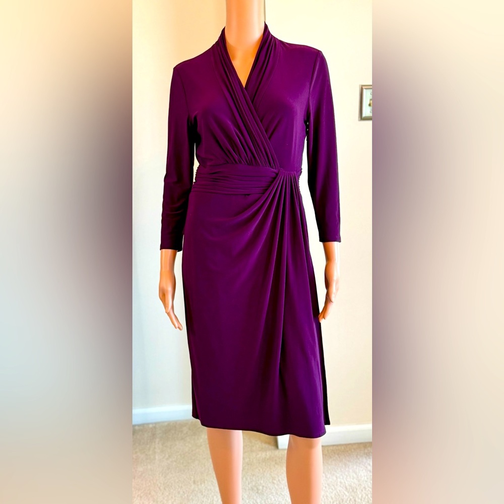 Purple Faux-Wrap Ruched Waist Dress